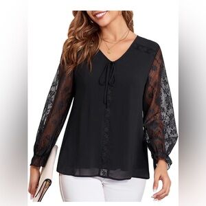 NWT Altelime Chiffon Lace Sleeve V Neck Tie Blouse, Size: Med, Black Layered